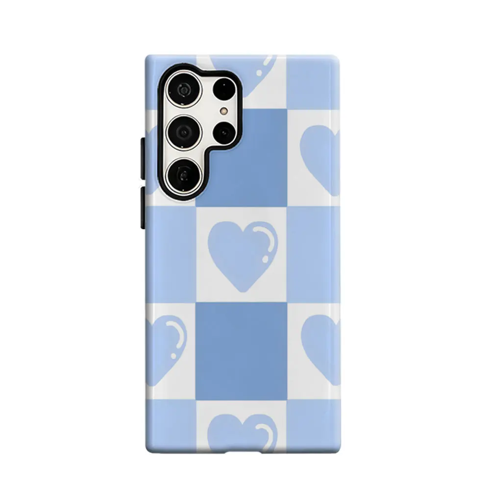 CaseLumi Phone Case For Samsung Galaxy S25 S24 S23 Ultra Plus HD Hard Blue Heart Checker Double Layer Cover Film Shell