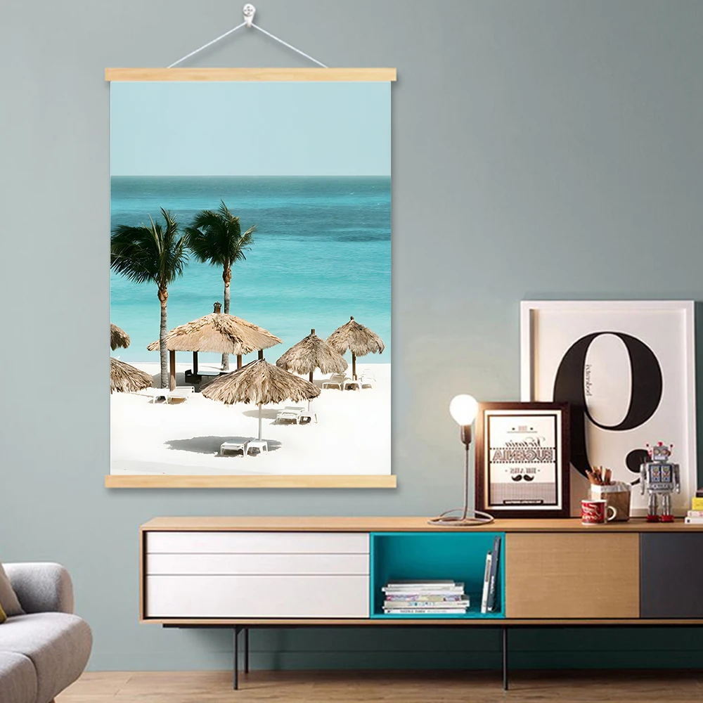 Scroll Paintings Wood Haning Blue Ocean Beach Scenery Picture Bird Bridge Parasite Whale Dolphin Art Poster Restaurant Mall Deco