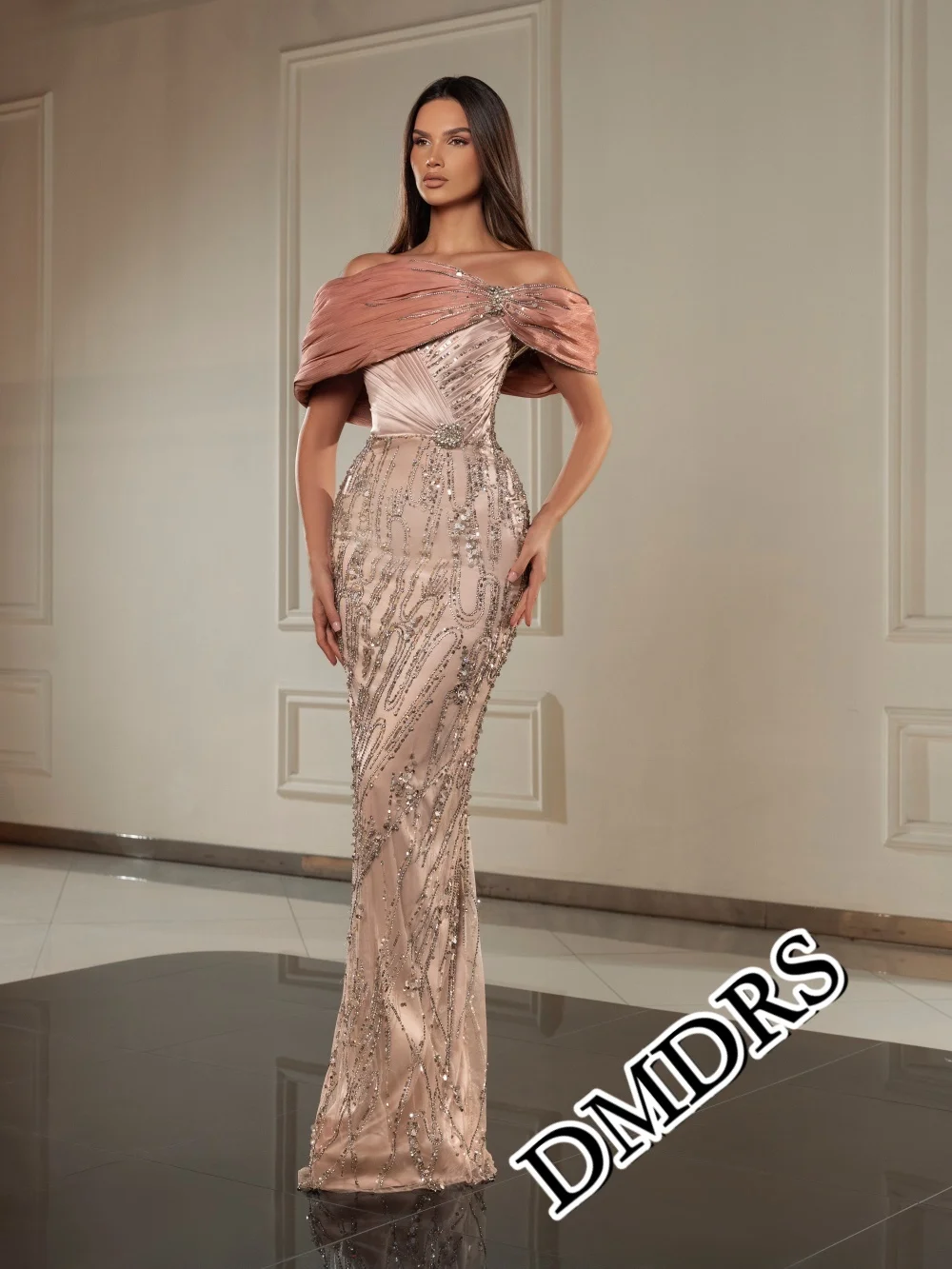 

DMDRS Luxurious Off-Shoulder Evening Dress, Formal Appliquéd A-Line Party Gown, Classic Crystal Floor-Length Party Dress