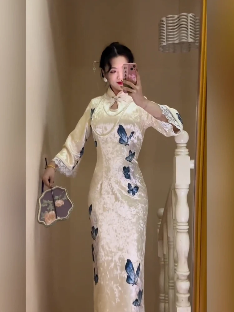 

Новое китайское бархатное длинное платье для женщин, модное осенне-зимнее ретро-платье с завышенной талией, облегающее, с вырезами, в стиле флагманского бренда