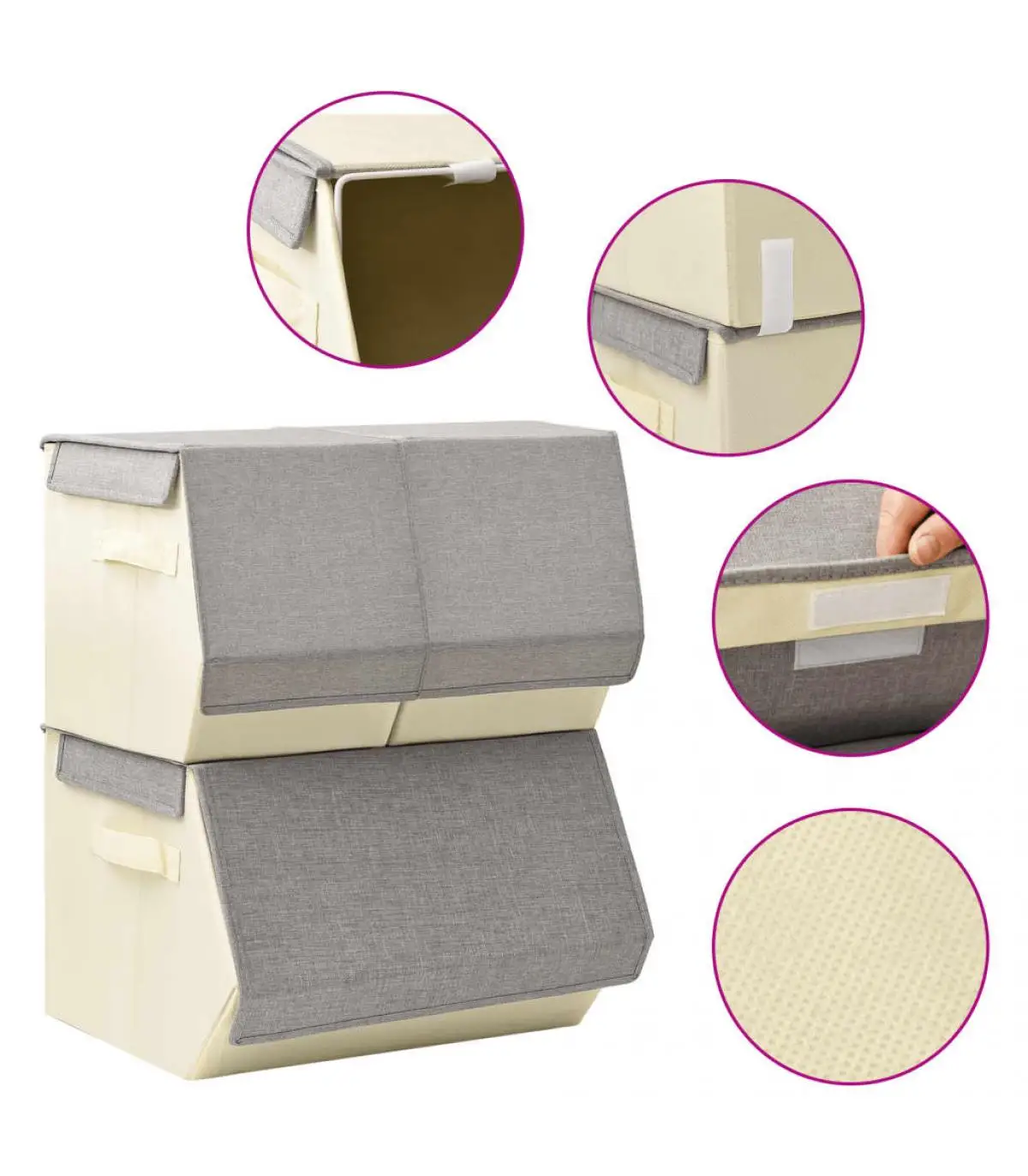 Storage baskets stackable storage boxes 3 PCs gray and cream fabric