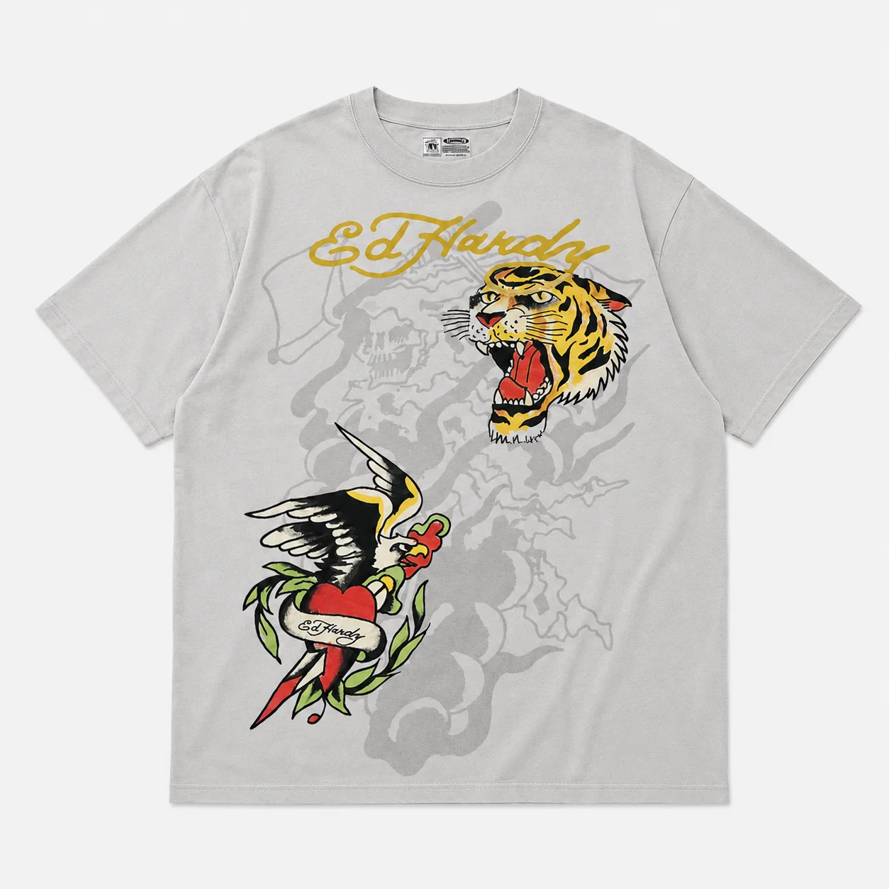 Ed Hardy Unisex Oversized T-Shirt mit Tigerkopf-Schwalbenherz-Tattoo-Print aus Baumwolle, Harajuku Streetwear, Sommer-Grafik-T-Shirt – Detail 6