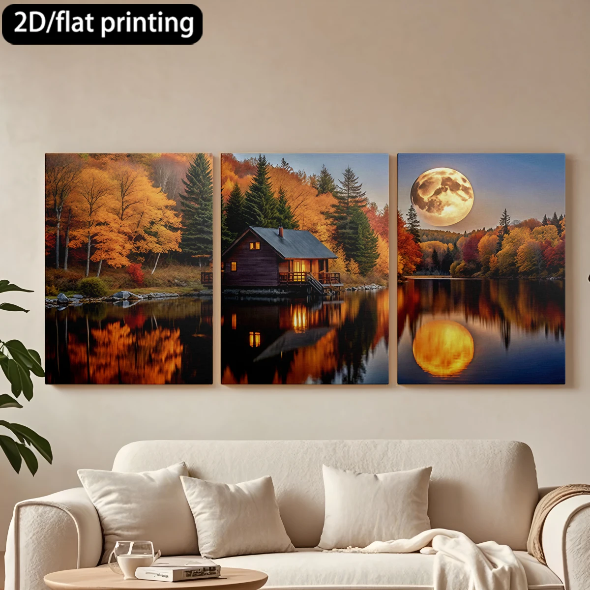 

Three-panel decorative canvas paintingLakeside cabin, full moon, autumn night.