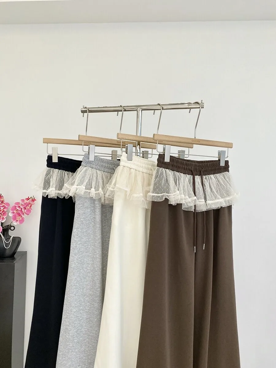 Korean Style Versatile Lace Paneling Fake Two-Piece Elastic Waist Wide Leg Pants Women's High Waist Polyester Fiber Casual Pants