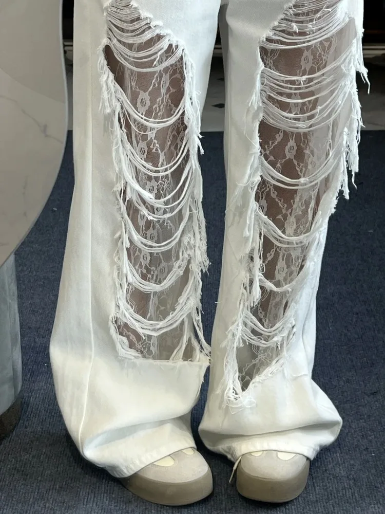 Vintage Harajuku Lace Distressed Jeans Women Wide-leg Jeans Hole High Waist Straight Pants Slim Joker Pants All-match Trendy New