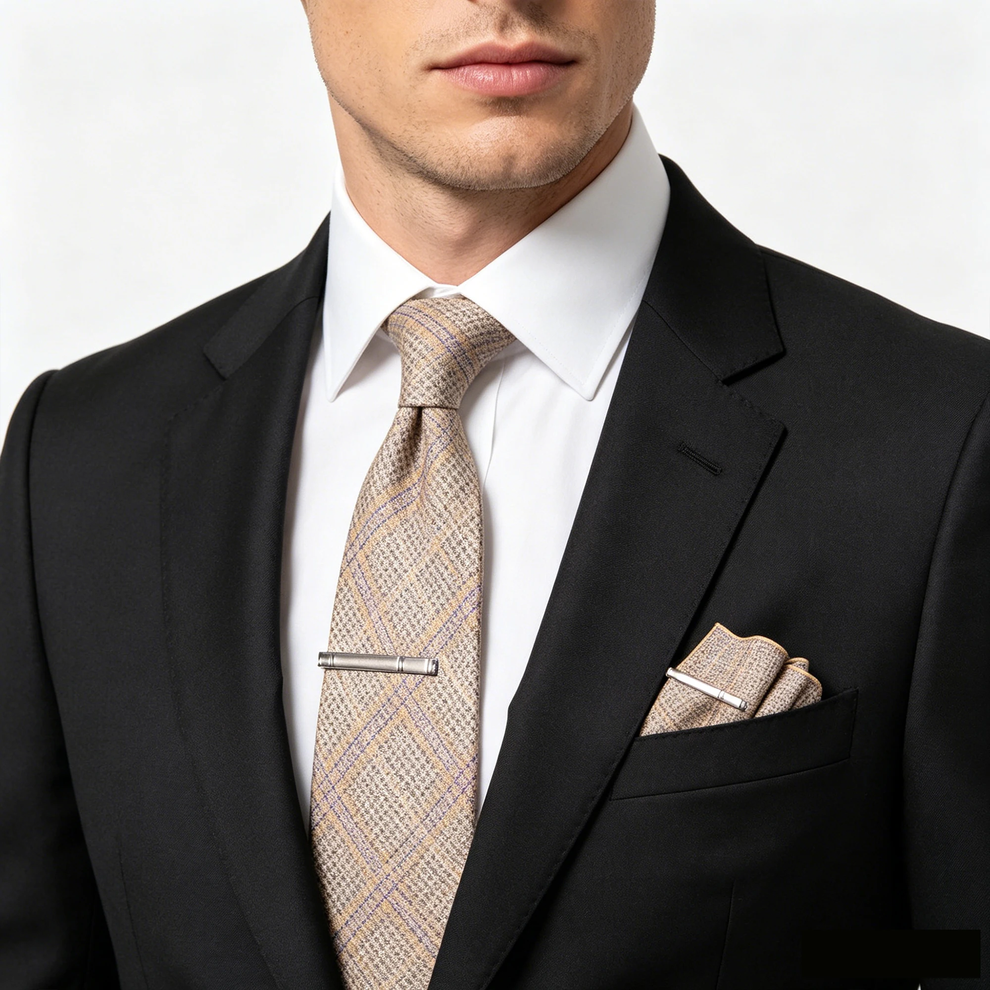 Klassische Wollkrawatte für Herren, braun-grau, gestreift, kariert, einfarbig, Kaschmir-Krawatte, Einstecktuch-Set, Hochzeitsaccessoire, Geschenk – Detail 15