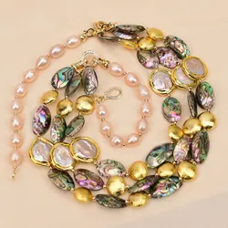 G-G 24'' 3 Rows Natural Fancy Abalone Shell Electroplated Freshwater Pink Rice Pearl Brushed Bead Statement Necklace For Women