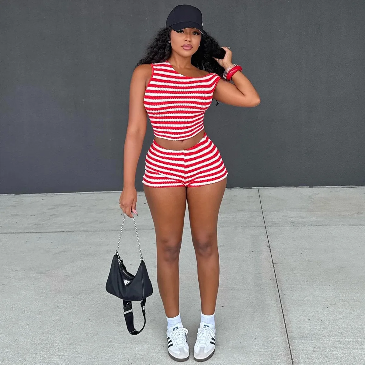 Woman 2 Piece Set Outfit Women's Slim Slanted Shoulder Striped Hot Pants Two Piece Outfits Contrast Commuting Off Shoulder Chic