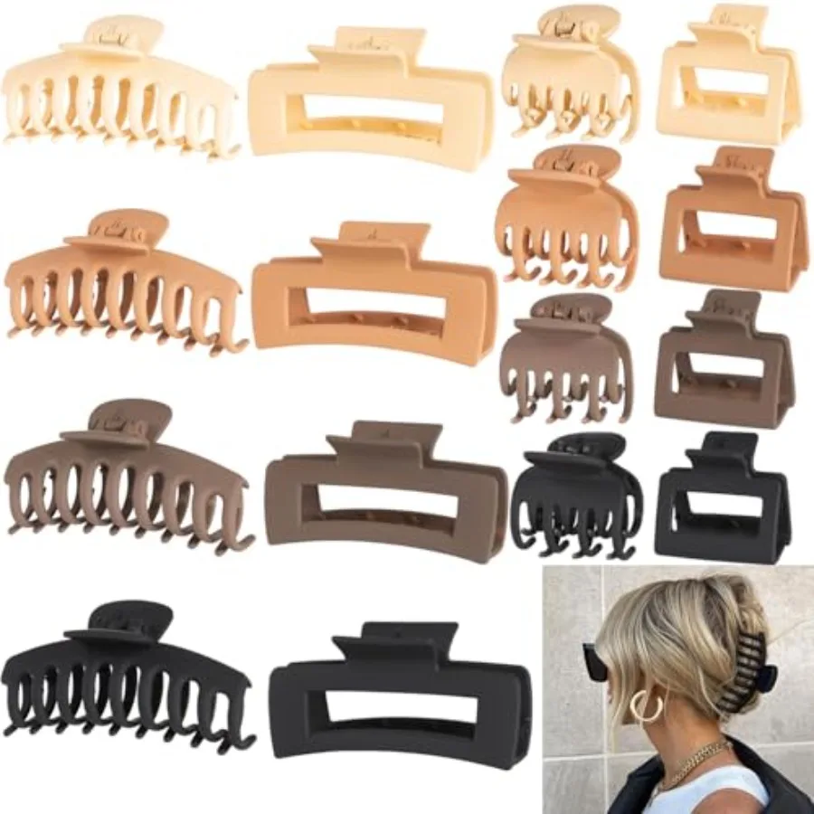 16 PCS 4.4 Large Claw Hair Clips for Women Girls Matte Finish, 4 Styles 4 Colors, Strong Hold for Thick or Thin Hair, 90's Vint