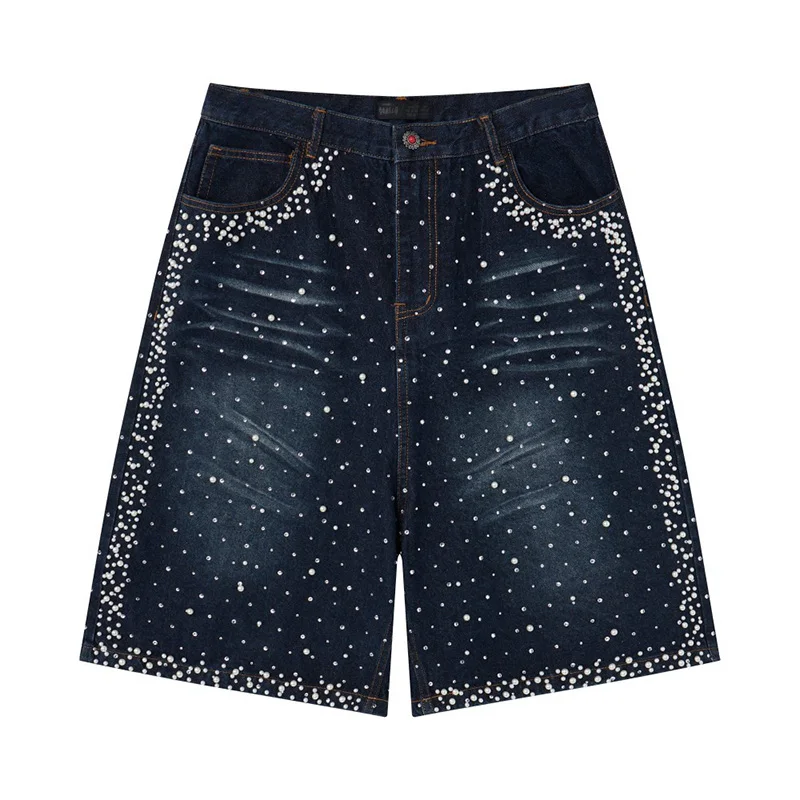 

American Retro Star Studded Pearl Denim Short High Sreet Trendy Brand Wide Leg Cropped Pant Unisex Harajuku Gothic Men Clothing