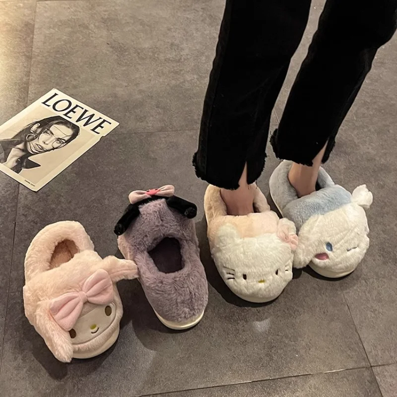 Sanrio Hello Kitty winter plush warm cute cotton slippers female cartoon Kulomi indoor home non-slip bag and cotton shoes