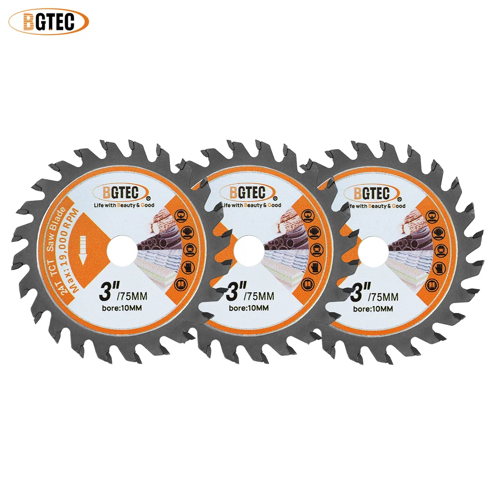 

BGTEC 75mm Cutting Disc TCT Saw Blade 3pcs/set Hard Alloy Woodworking Kit 24T For Wood Composite Materials Plastics Mini Disc