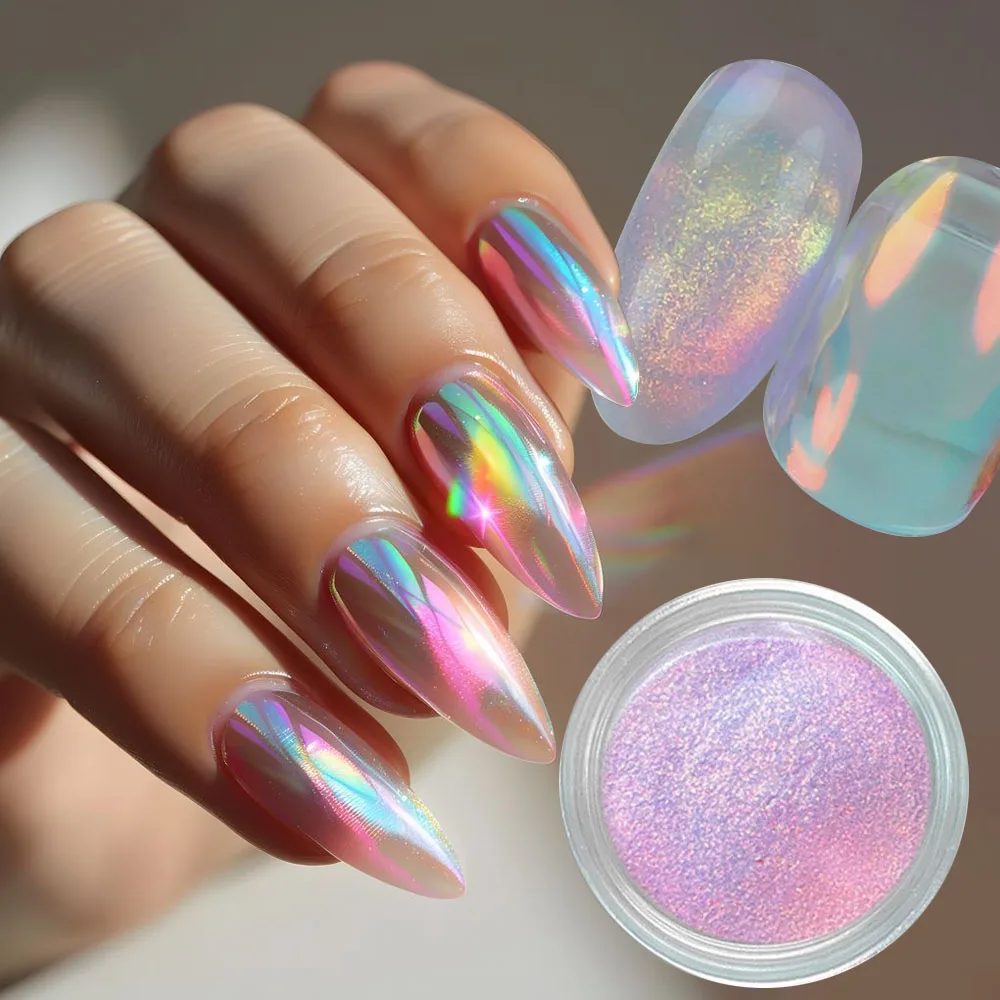 Polvo de uñas con purpurina cromada, efecto espejo transparente, Camaleón de neón, decoración de manicura