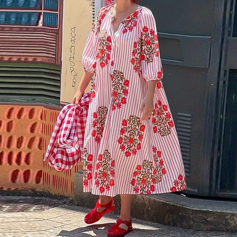 Sukienka damska w stylu retro z kwiatowym wzorem w paski, idealna na wakacje na plaży, wiosenna sukienka z dekoltem w serek, luźna sukienka boho, długa sukienka jesienna z rękawami 3/4, damska sukienka wkładana przez głowę.