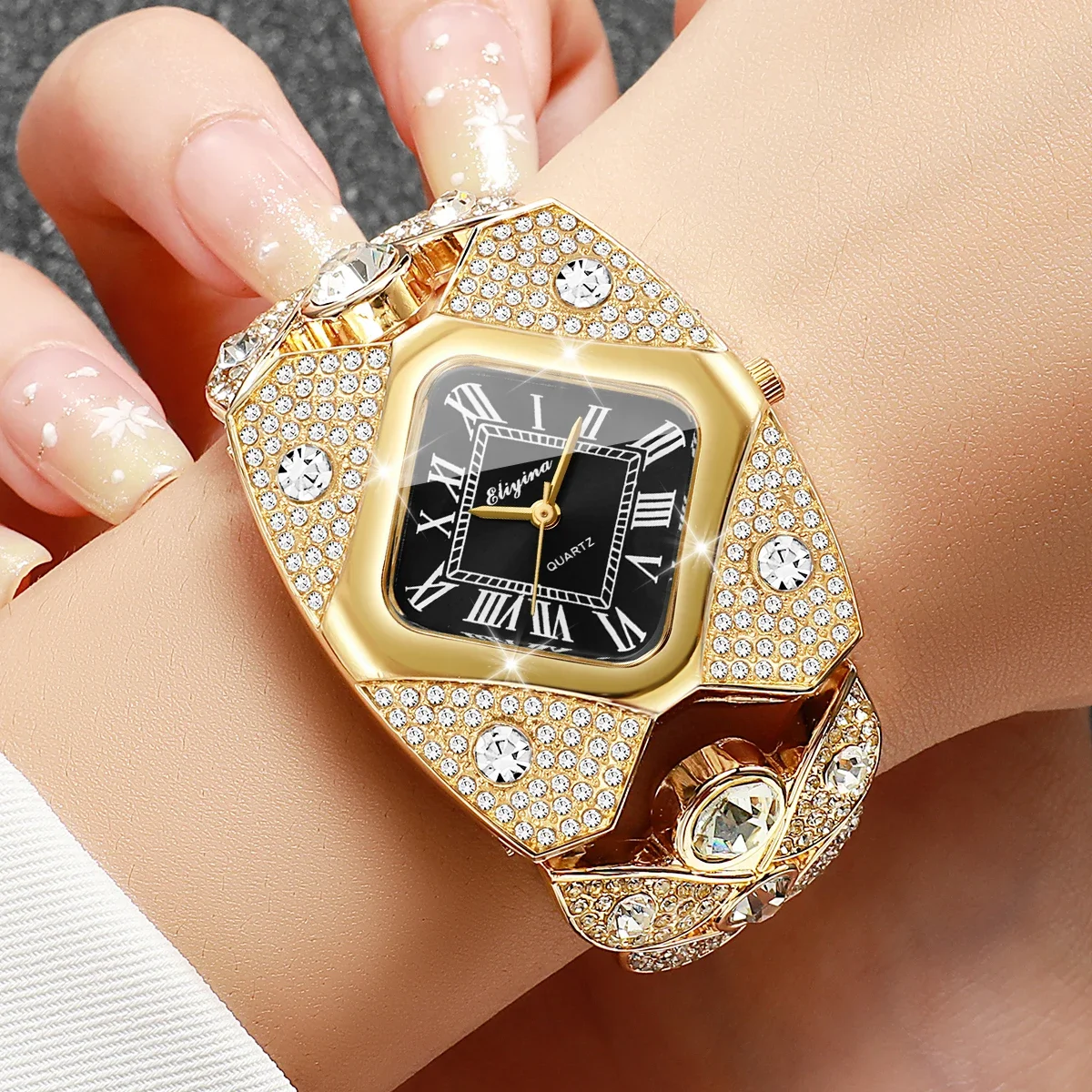 Elegant Gold Bracelet Women Wristwatches Fashion Rhinestone Square Dial Ladies Dress Quartz Watch Relogio Feminino（Without Box