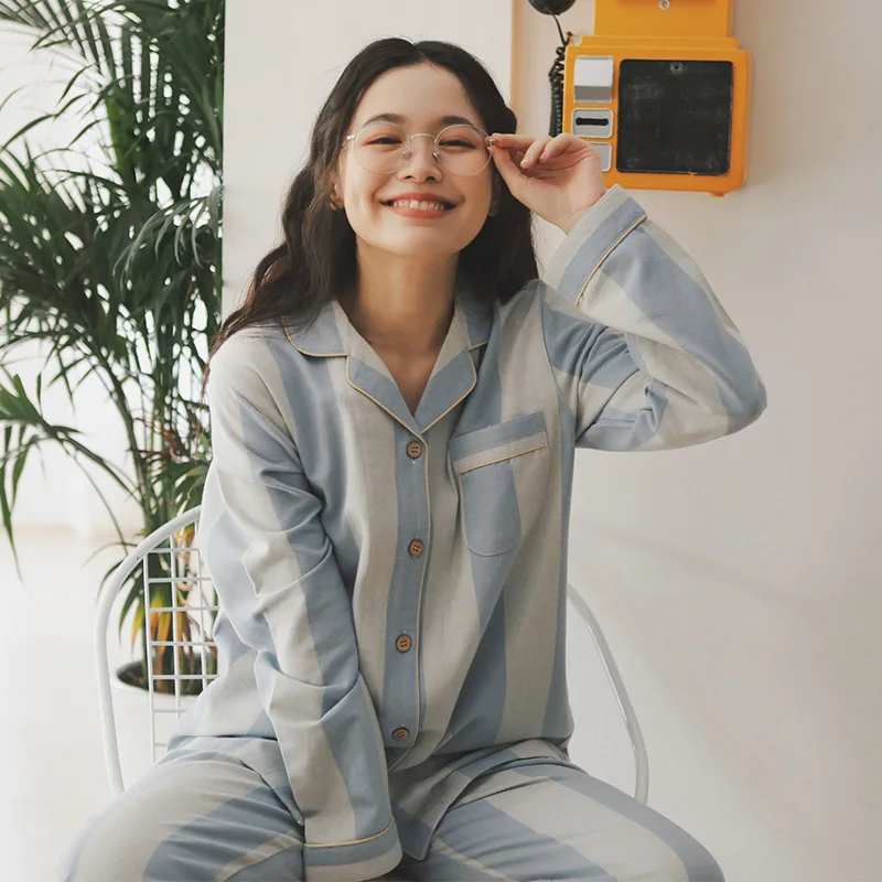 

Women's Striped Sleepwear 2023 New Spring Autumn Pure Cotton Flannel Large Size Full Cotton Home Clothes Breathable Cool Feeling