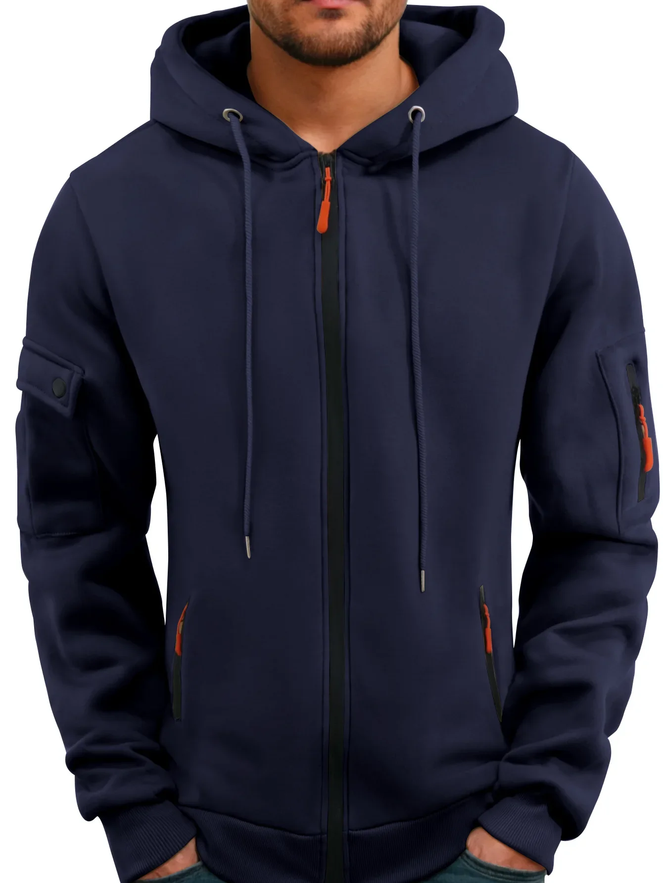 2025 Autumn and Winter Men's New outdoor Sports tooling wind leisure comfortable cardigan zipper solid color arm pocket hoodie