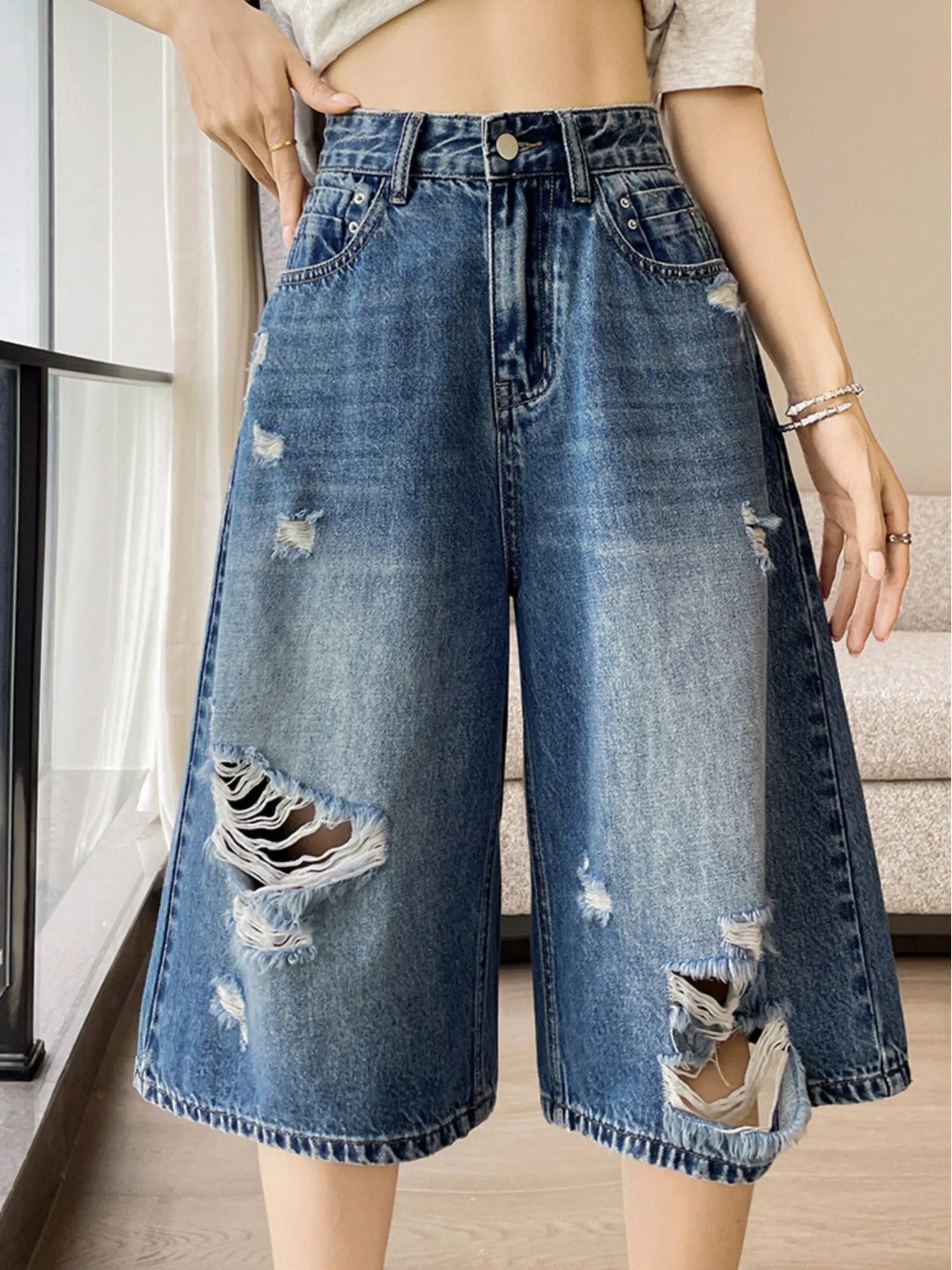 Women‘s High Waist Ripped Denim Capri Jeans Vintage Washed Baggy Wide Leg Length Jorts Y2K Summer Streetwear 2026 Casual Pants
