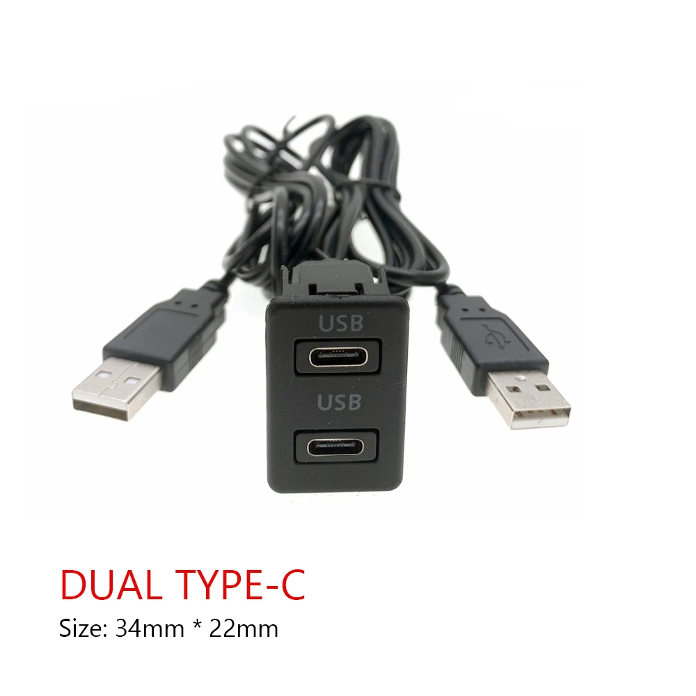 Car Radio Dual Type-C USB Dash Flush Mount Switch Panel 3.5mm AUX Data Wire Harness Cable Adapter For Android Multimedia Player