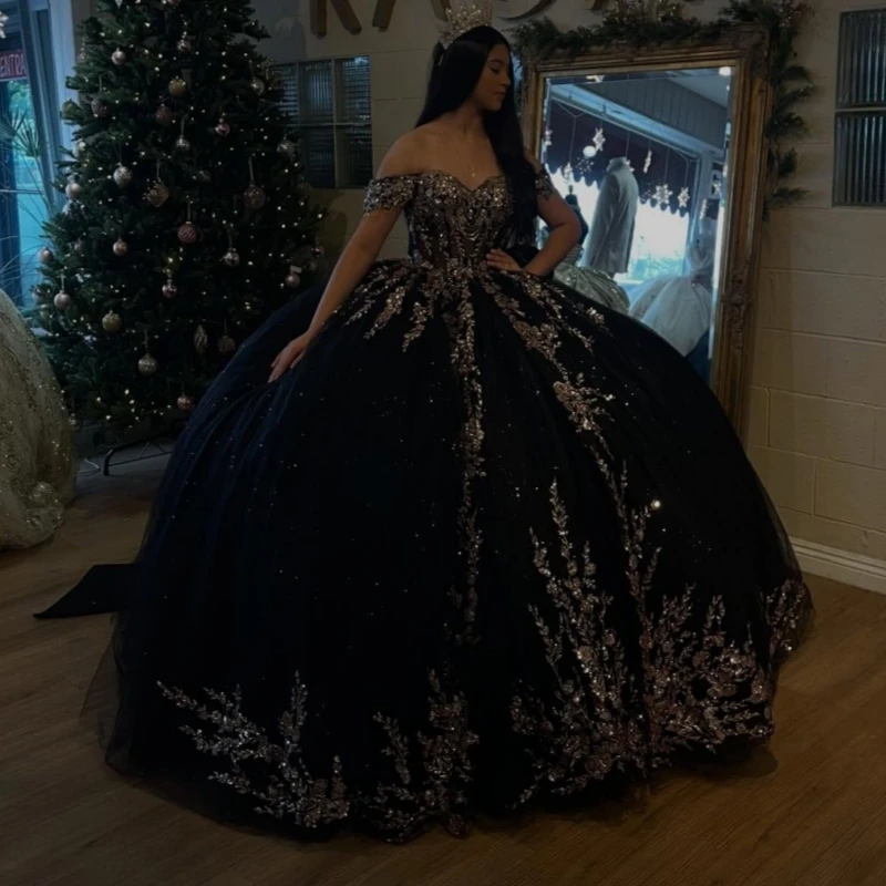 

Black Shiny Quinceanera Dresses Off The Shoulder Gold Applique Lace Beading Crystal Bow Tull Party Birthday Sweet 16 Dress