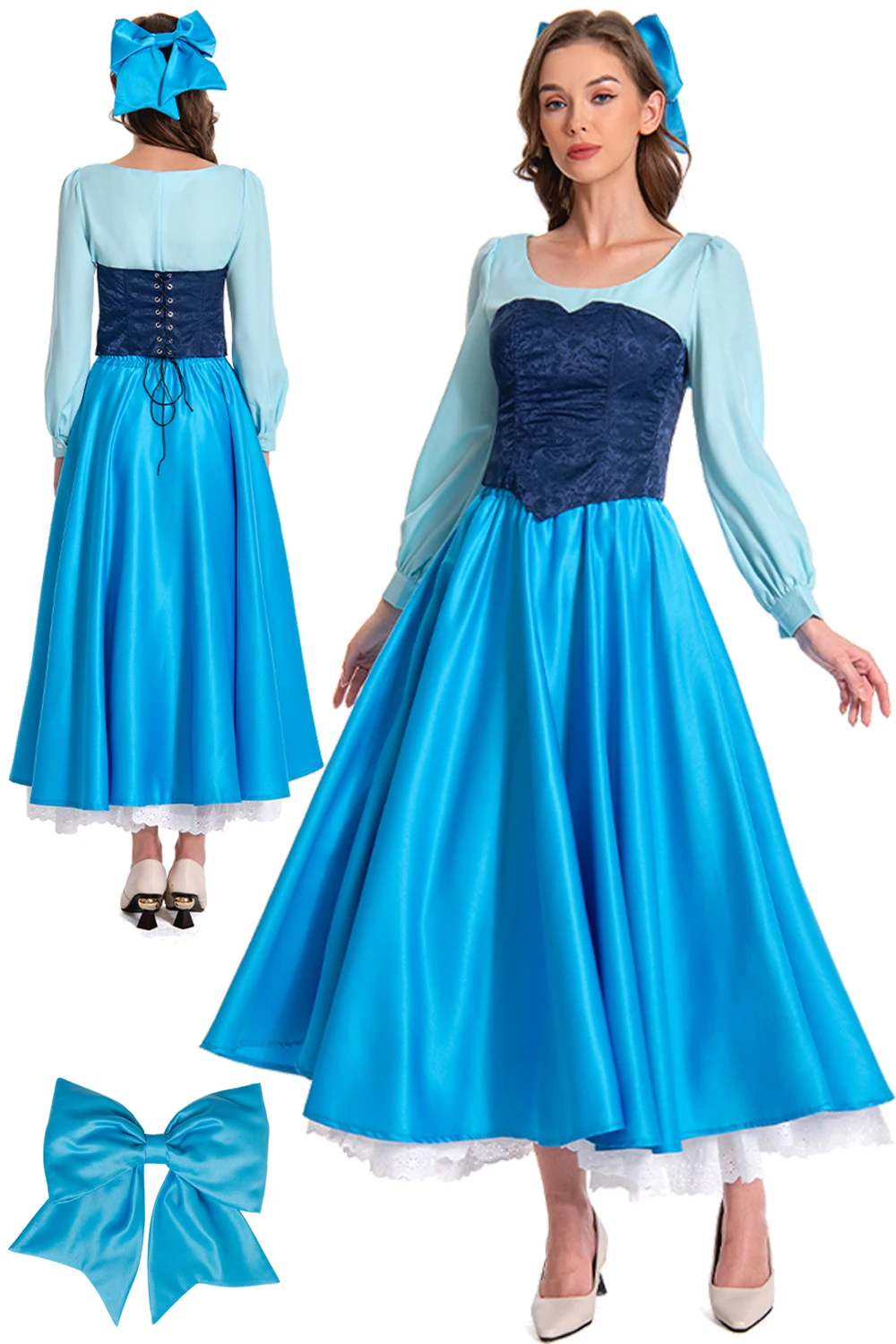 

Princess Ariels Cosplay Fantasia Costume Cartoon Movie Sea Blue Long Dress Ball Gown Waist Belt Set Clothes Halloween Party Suit