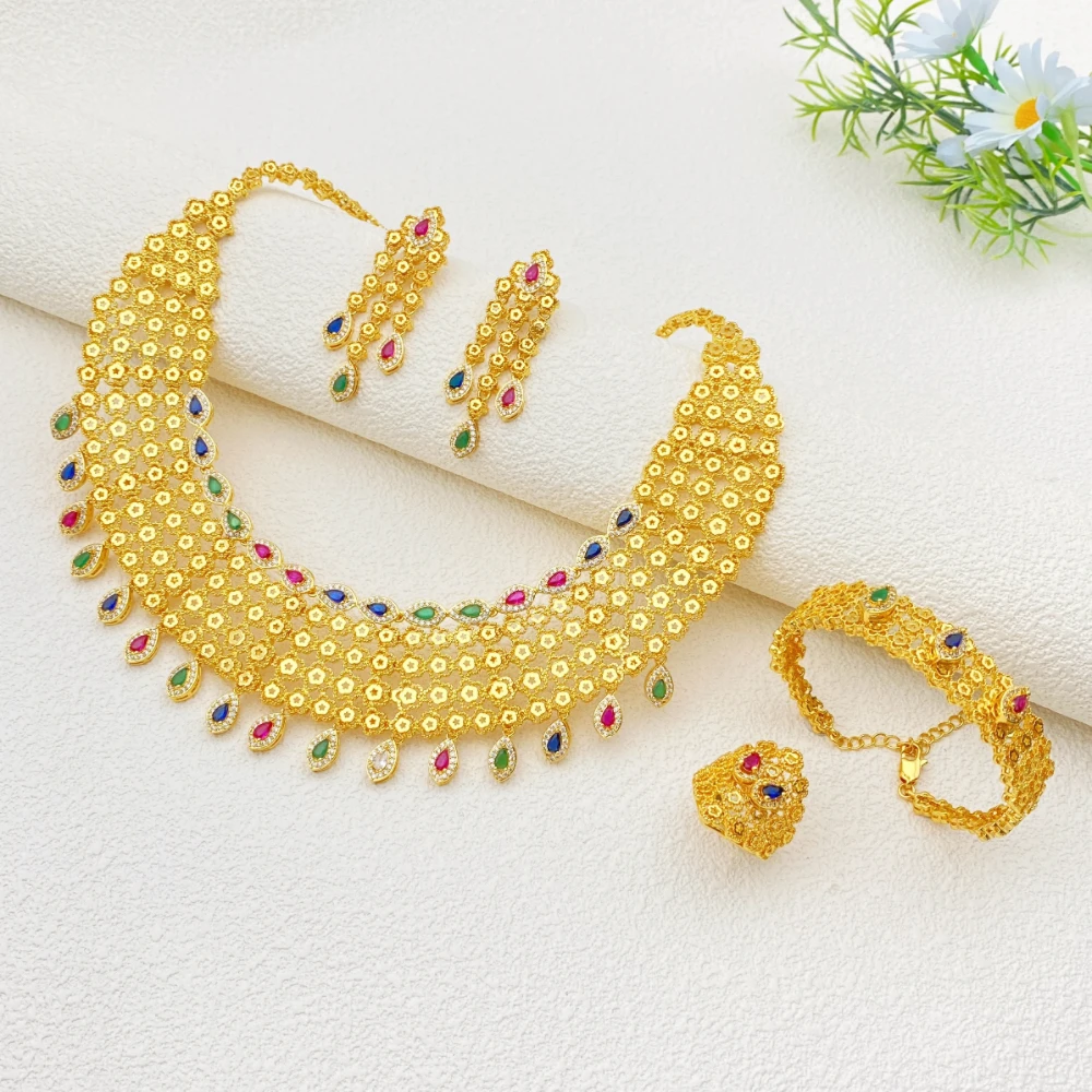 

Falair Festival Celebration Jewelry Set Gold Plated Brass Cubic Zirconia Women's Earrings Necklace Bracelet Ring Ensemble
