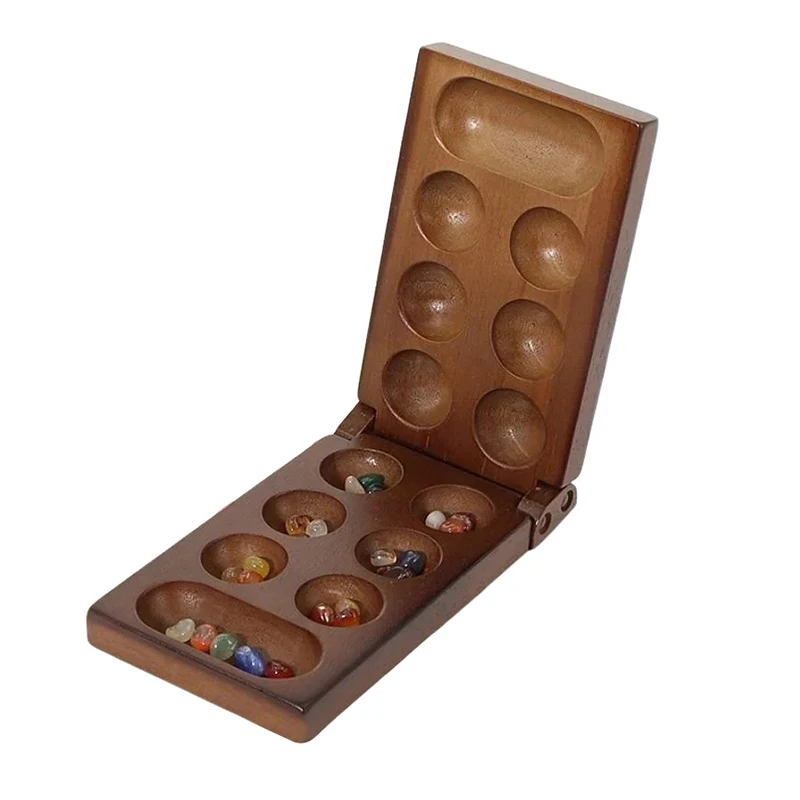 Conjunto de xadrez africano mancala antigo, jogo de tabuleiro essencial, madeira de qualidade trabalhada, grânulos de pedra espectacular, jogo de festa divertido para família