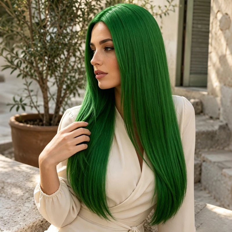 Holiday cosplay full-head wig, 28 inches long, straight, green, soft center parting design