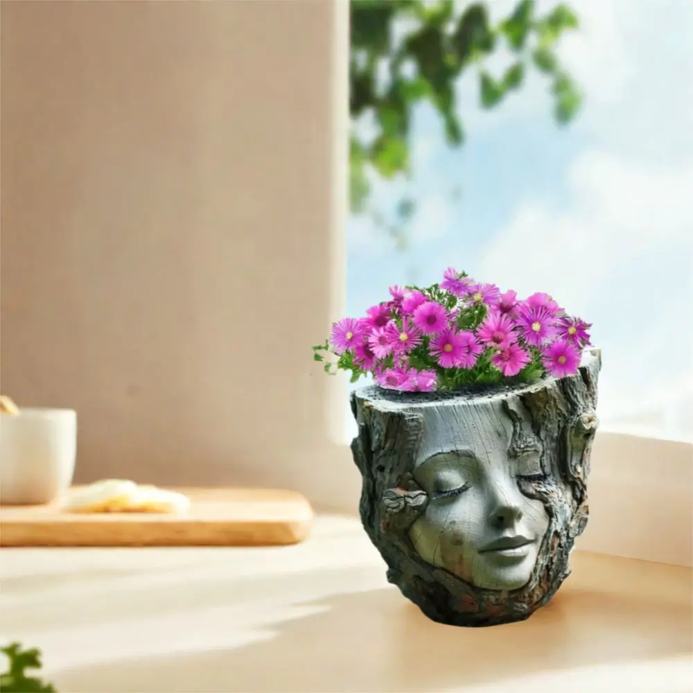 Creative Funny Girl Face Flowerpot Handmade Resin Crafts Succulents Flower Pot Waterproof Tree Stump Girl Pot Home Office Decors