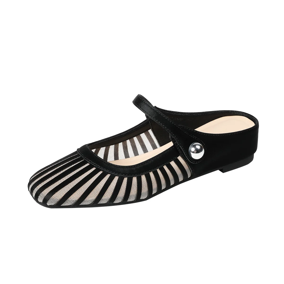 Summer Striped Mesh Square Closed Toe Women's Flat Shoes Solid Hollow Out Shallow Mouth Baotou Half Slippers Casual Slip On Shoe