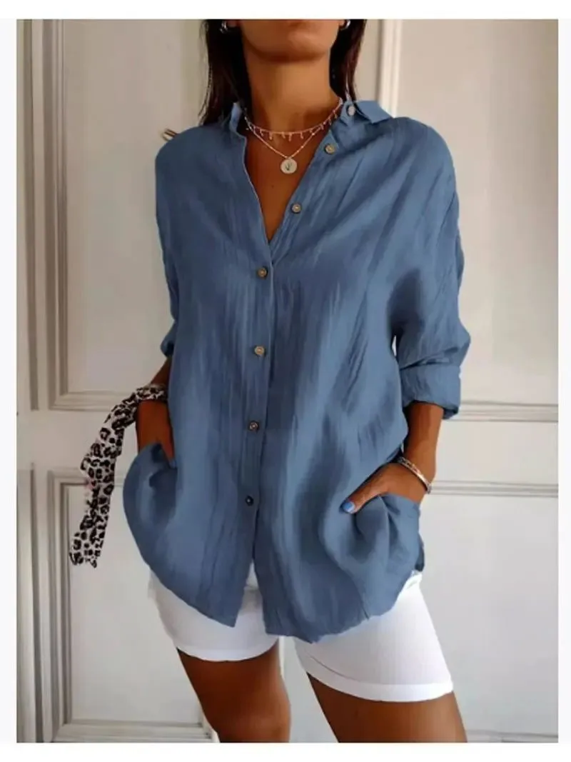 

Women's Pure Color Pleated Collar irt Long Sve Loose Fit Polyester Fabric Breathable Comfortable Casual irt