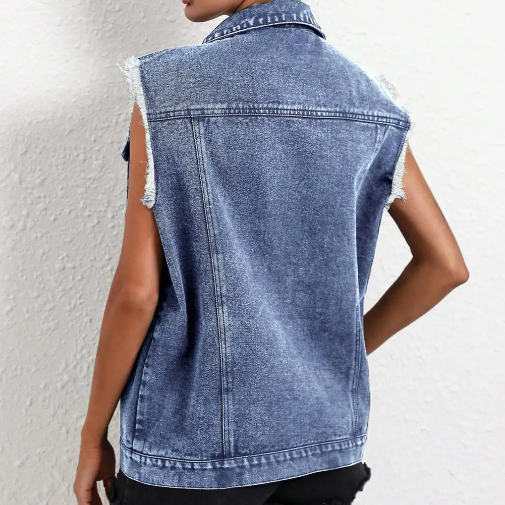Soft Demin Vest Women Denim Vest Jacket Button Down Jean Waistcoat with Frayed Lapel Pockets Summer Lightweight Outerwear Vest