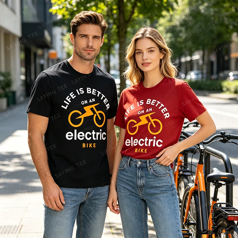 Funny Life Is Better with An E-Bike Electric Bike Battery T-Shirt Y2k E-MTB Graphic Apparel Soft Cotton Saying Tee Life Style