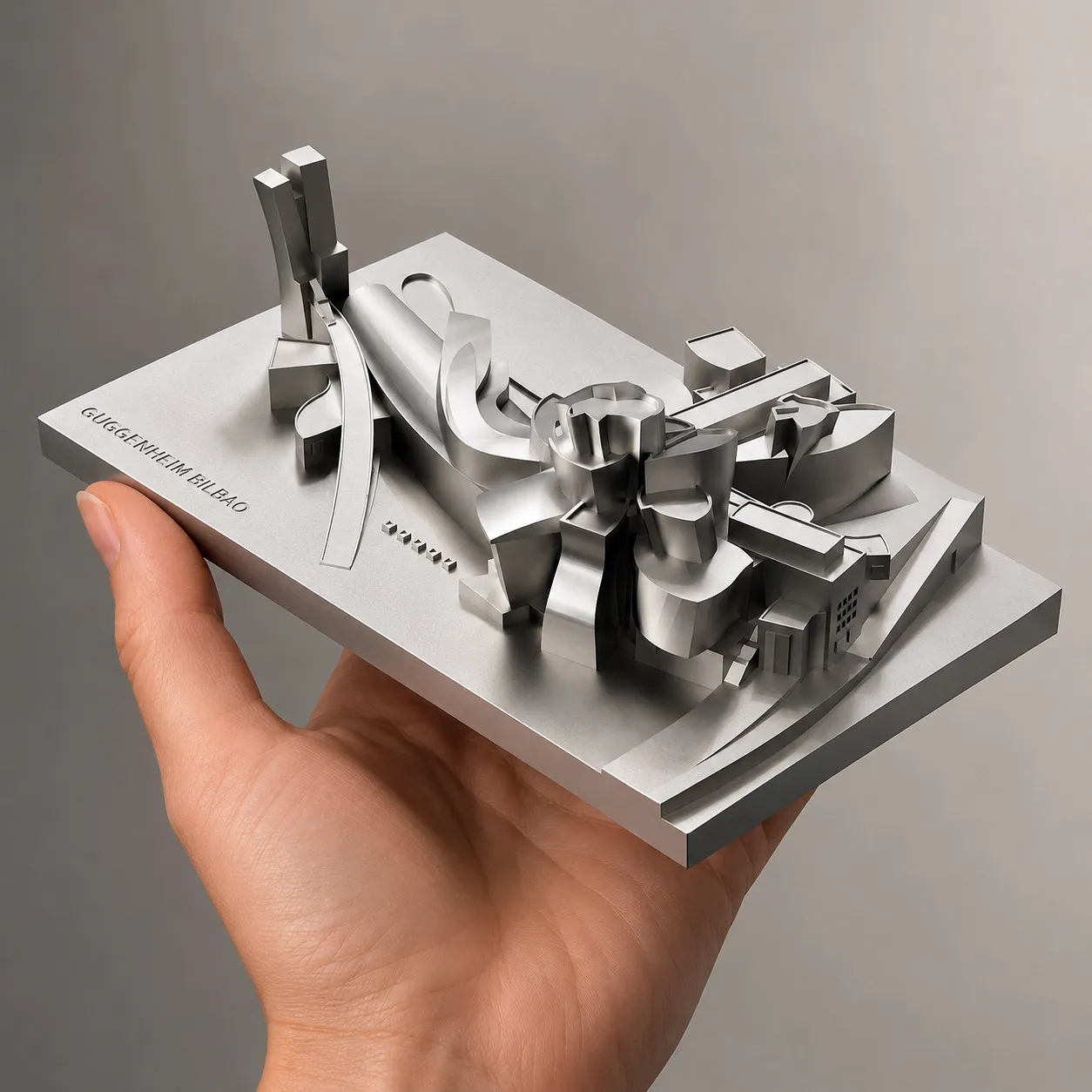 Master Architect Frank Gehry's 'Guggenheim Museum Bilbao' with Clear Cement Tabletop Decorative Art Display