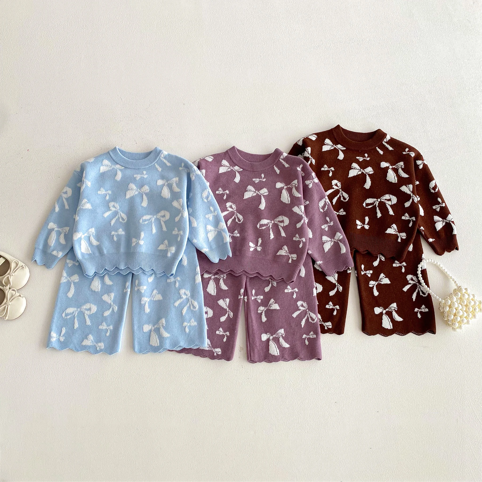 Koreanischer Stil 2026 Frühling und Herbst Mädchen Strickpullover-Set mit Schleifenhose, Zweiteiliges Outfit für Babymädchen – Detail 1
