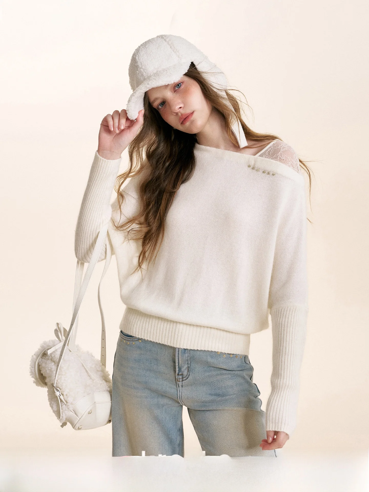 

Kroche Handmade Five-Petal Flower Sequin Woolen Rabbit Velvet Slant oulder Lace Patchwork Knitted Sweater Women's Casual Sle