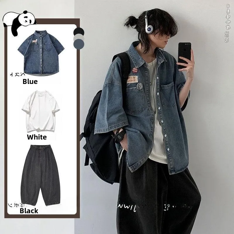 

Мужские летние винтажные джинсы свободного кроя с эффектом состаривания и вставками, повседневные рабочие джинсы свободного кроя