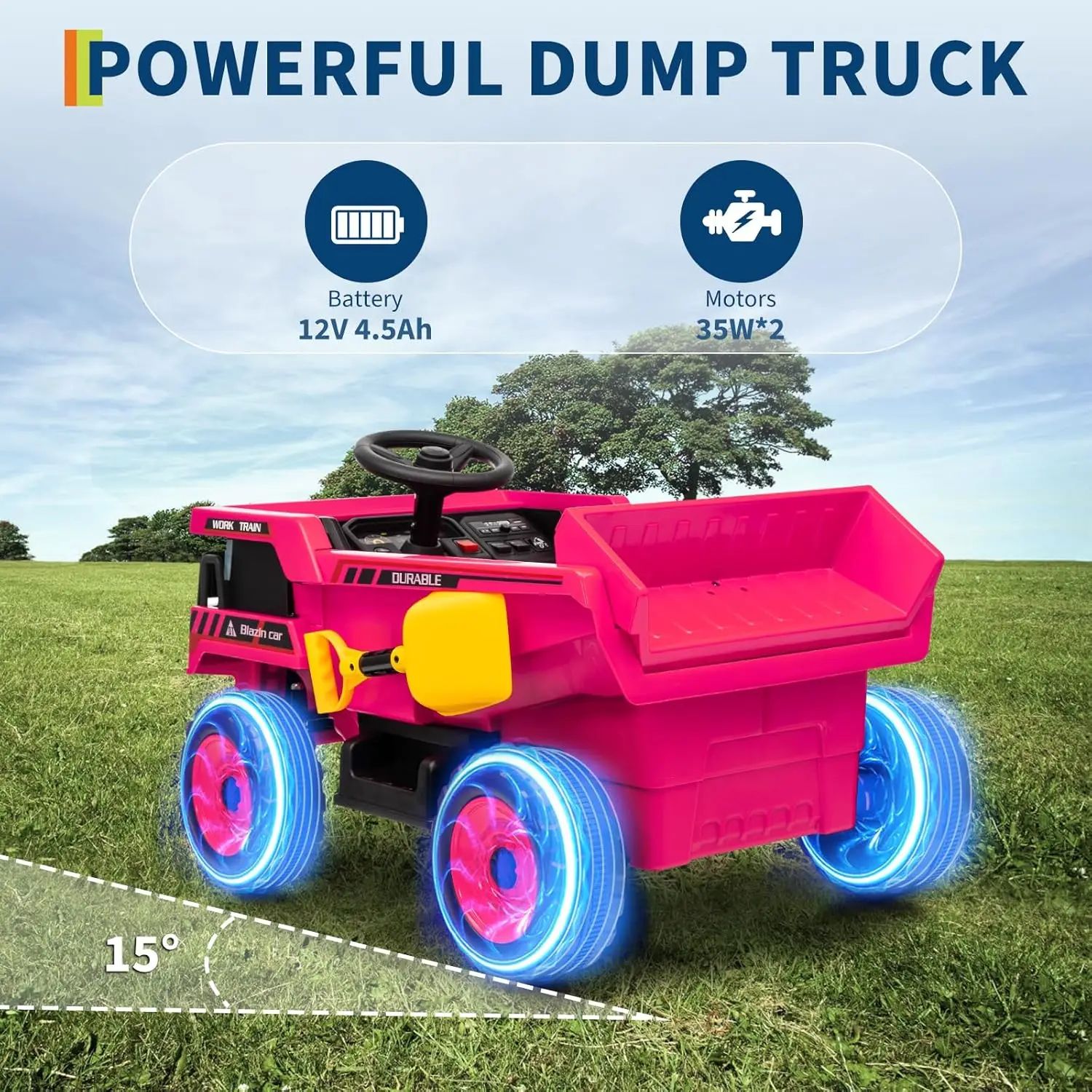3～8歳向けダンプトラック乗用玩具、12V電動カー、幼児向け四輪車、自動リフトダンプベッド、シャベル、LEDライト、音楽、リモコン付き