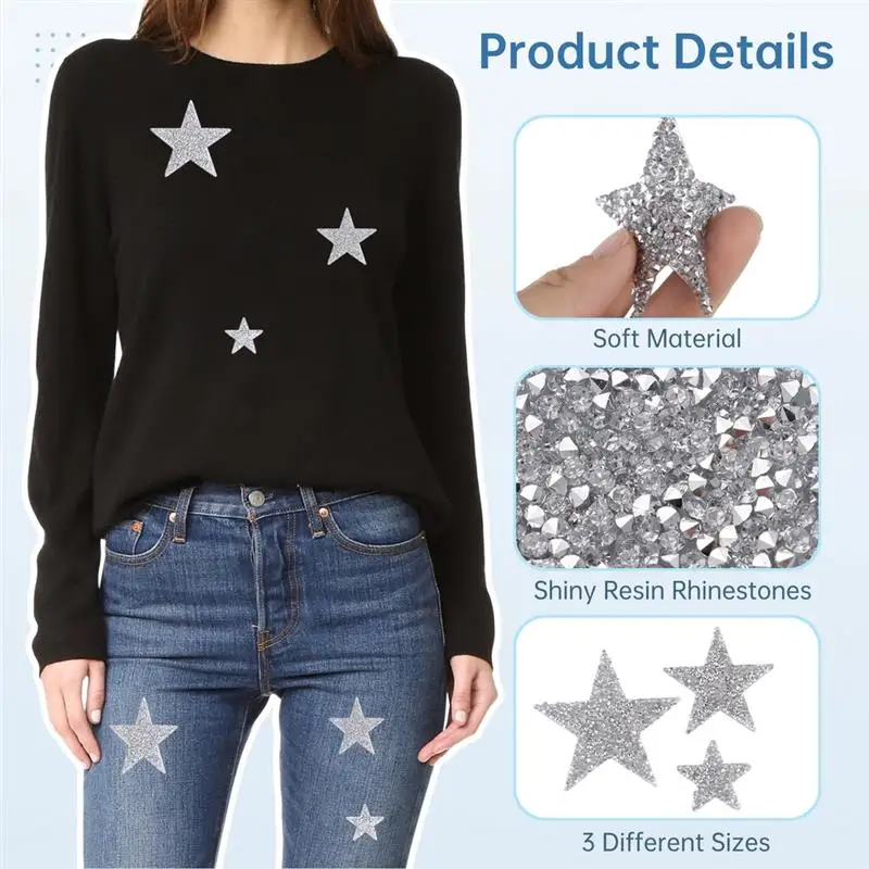 24Pcs Naszywki Gwiazdki 3 Rozmiary Rhinestone Star Appliques Błyszczące Srebrne Naszywki Naprawcze Brokatowe Naszywki Na Ubrania Torby Kapelusze