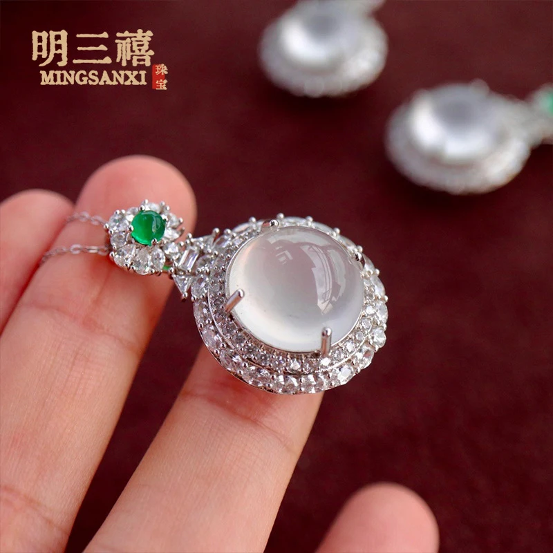 

Natural pendant women, -chalcedony inlaid with gemstones,-white cabochon agate necklace