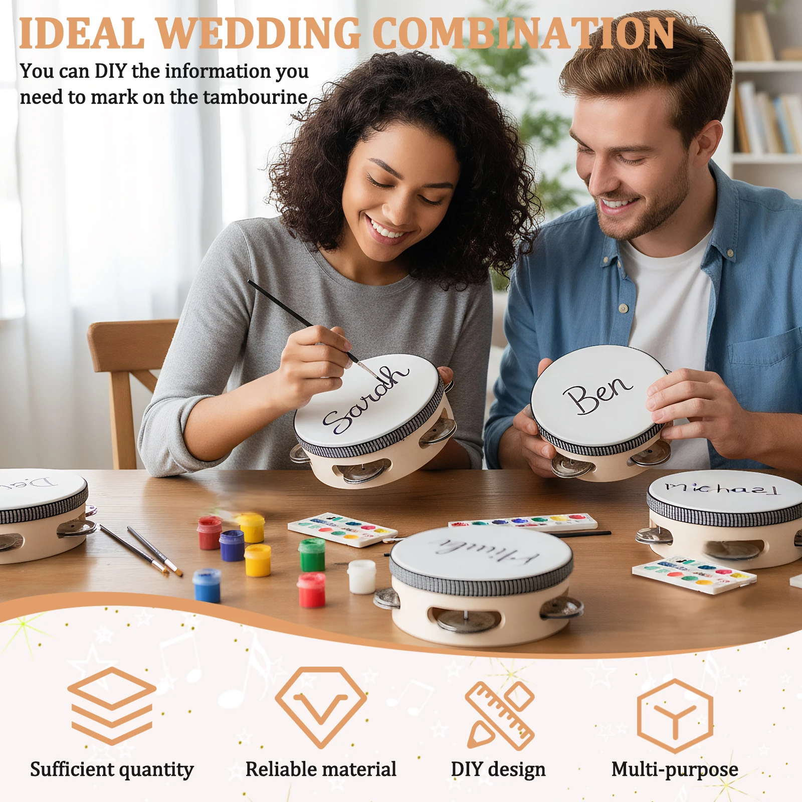 

100 Pcs 4 Inch Wooden Hand Held Drum with Metal Jingles Wood Handheld Percussion Instrument for Church Wedding Party Games