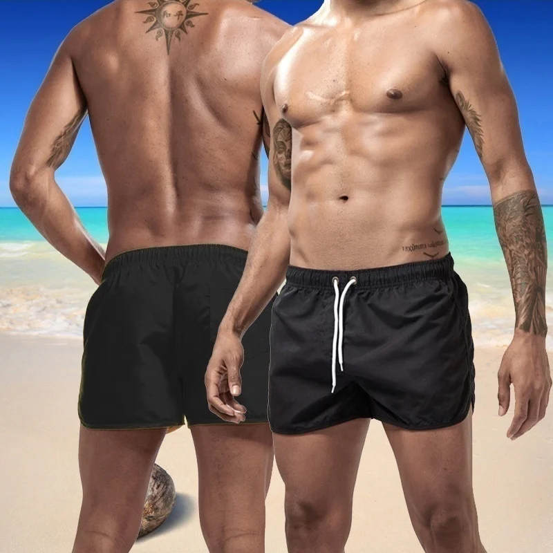 Mens Quick Drying Shorts Swimsuit Beach Solid Color Swimming Pant 2024 New Summer Fashion Sports Bottoms