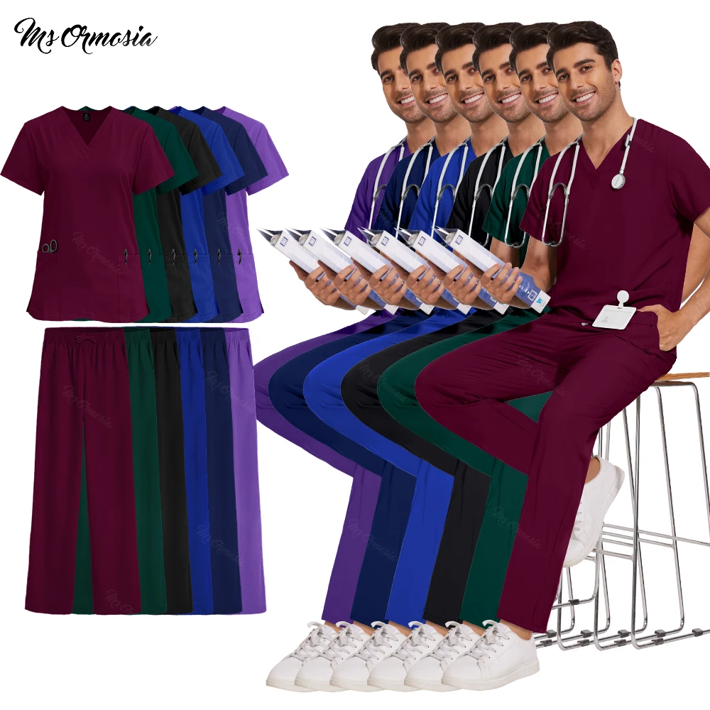 Nurse Uniforms Woman Short Sleeve V Neck Top Scrubs Straight Pants Medical Scrubs Set Men Summer Casual Uniformes Clinicos Mujer