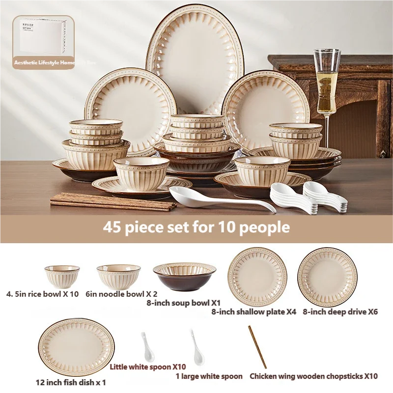 French Tableware Set Retro Relief 5/16/30/45pcs Premium Ceramics Dish Sets Full Set Luxury Dinnerware Set 1/2/4/6/8/10 Persons