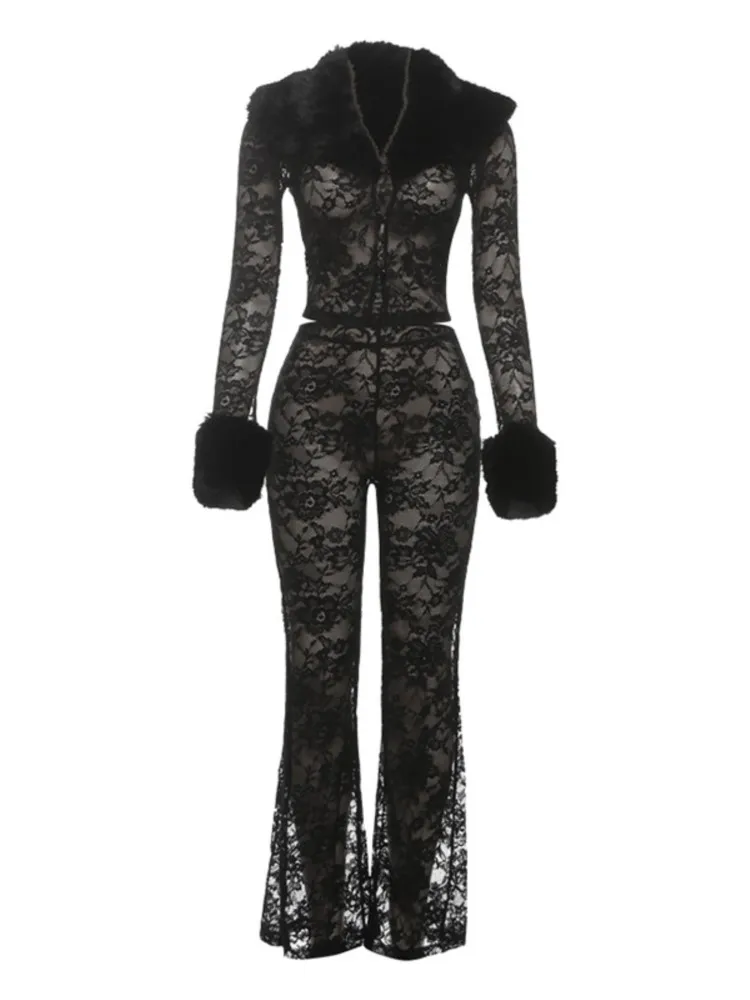 2 Piece Women Set Summer Autumn Matching Sets Two Pieces Sets Long Sleeve Lace Tops And Perspective Pants Suits Outfits Clothing