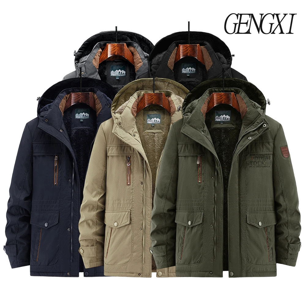 New Autumn/Winter Men's Fleece-Lined Thickened Cotton Coat Casual Vintage Workwear Jacket with Detachable Hood Multiple Pockets