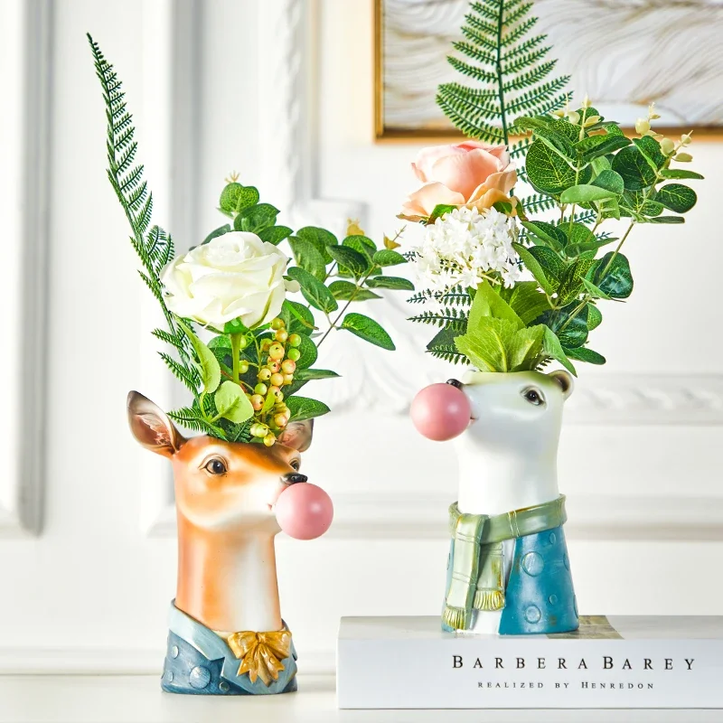 Resin Cartoon Animal Head Vase Succulents Flower Pot Coffee Shop Showcase Blowing Bubbles Simulation Animal Vase Decor