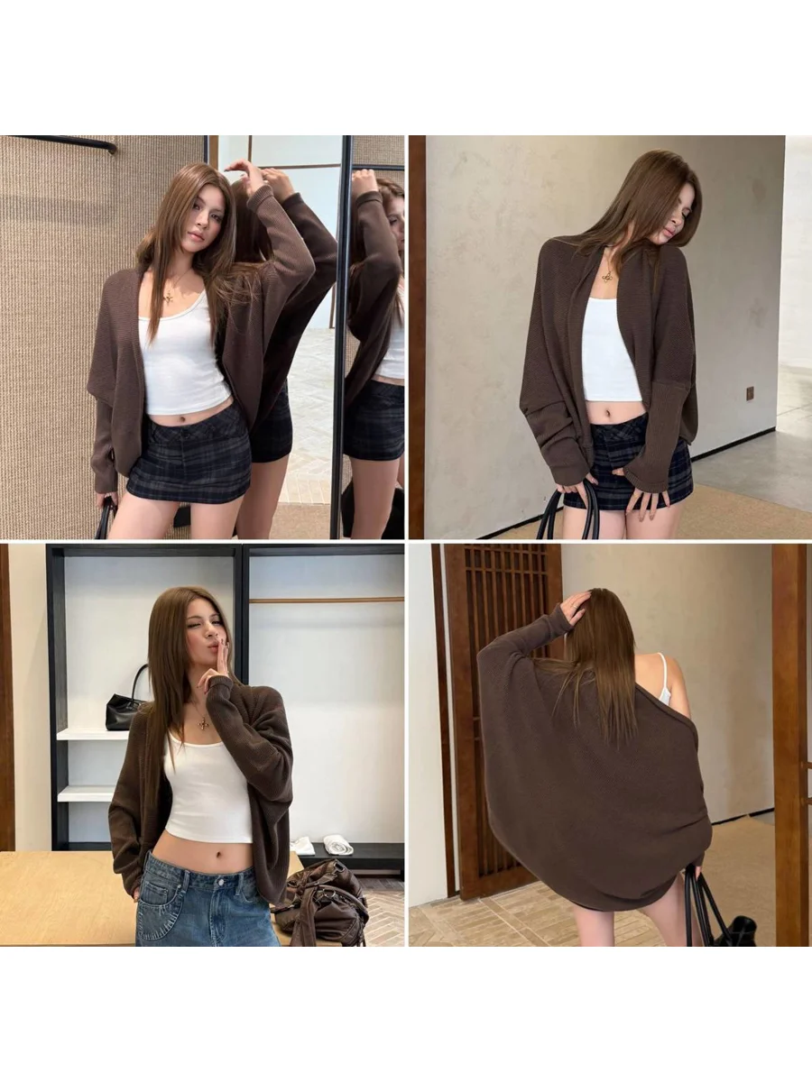 Brown Batwing Sleeve Knitted Open Cardigan Women's Loose Slimming Lazy Style Autumn Winter Outerwear Polyester Fiber