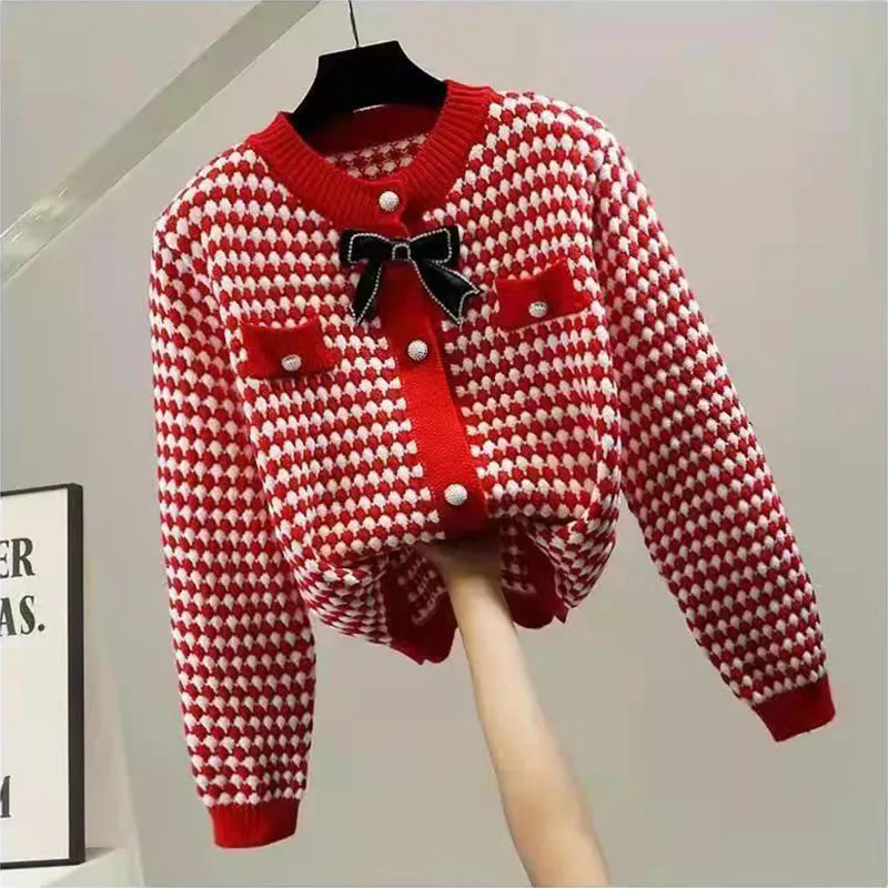 Korean Women Short Cardigans Sweaters Streetwear Fashion Knitted Clothing Spring Autumn Long Sleeve Bow Diamonds Casual Coats