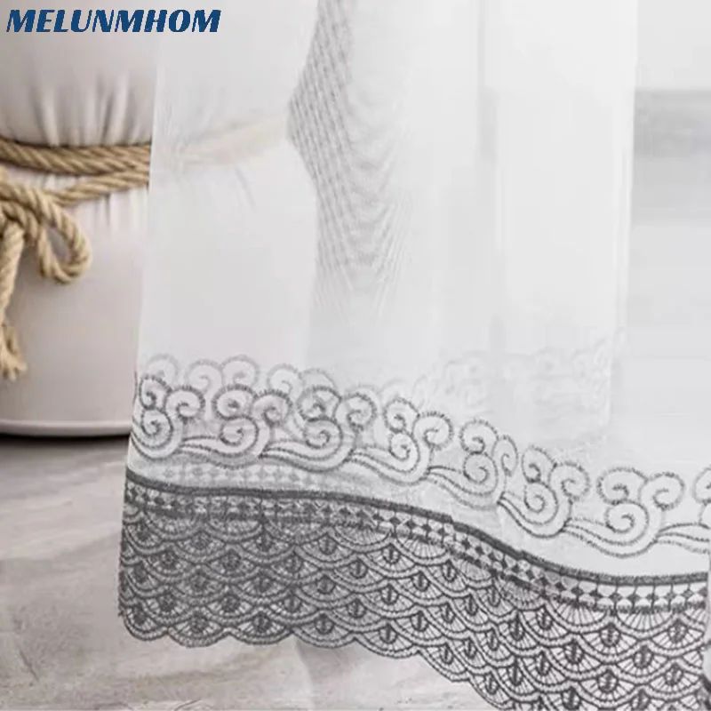 Chinese Embroidery Sea of Clouds Pattern Sheer Tulle Curtains for Living Room Bedroom White Grey Window Screens Drapes panel